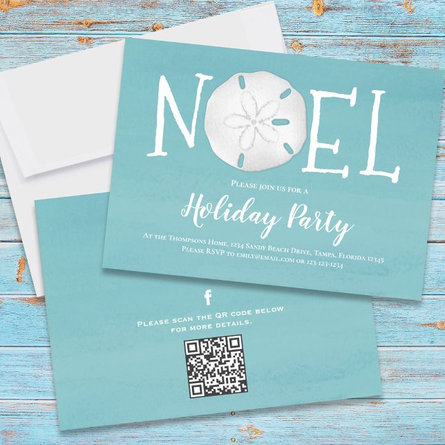 Convites Código QR do Dólar Turquoise de Aquarela Feriada (Holiday Noel beach sand dollar theme party invitation with turquoise blue water.)