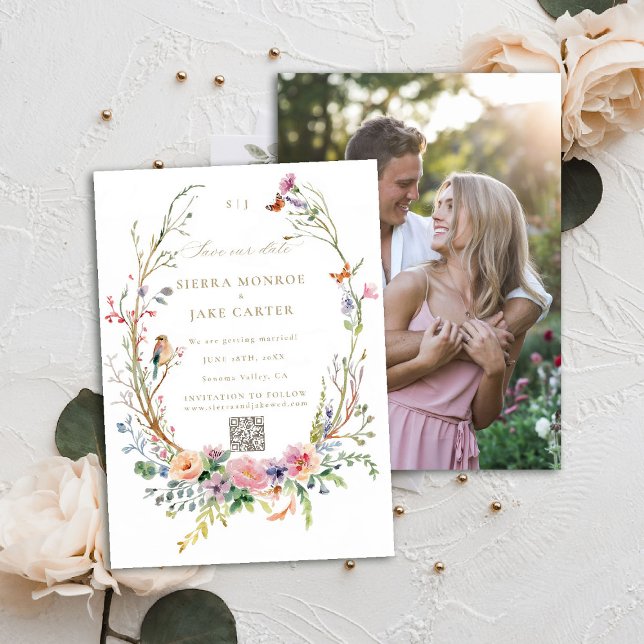 Convites Código QR do Jardim de Flores Selvagens Data de Sa (garden wedding save the date photo QR code wildflowers enchanted woodland forest butterflies bird)