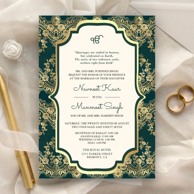 Convites Código QR do Laço Dourado Teal Anand Karaj Casamen (Criador carregado)