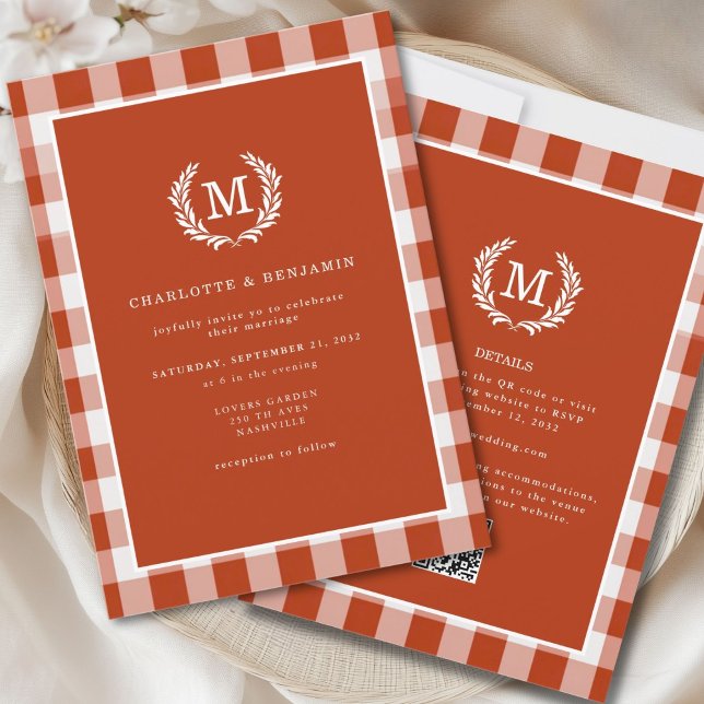 Convites Código QR do Monograma do Gingham Vermelho - Laran (Red-Orange Gingham Monogram Crest QR Code Invitation for Details and RSVP. )