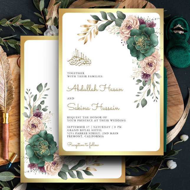 Convites Código QR do Ramo Floral Verde Esmeralda Casamento (Criador carregado)