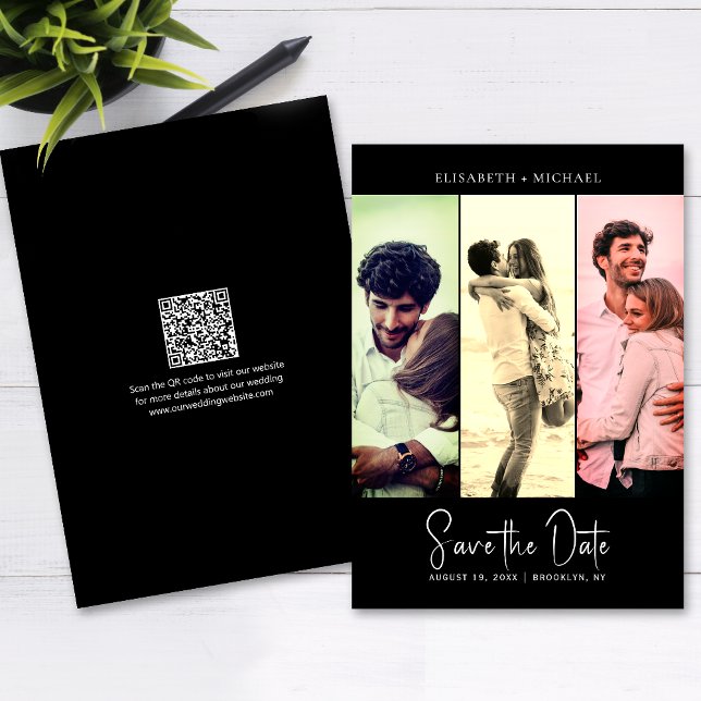 Convites Código QR do Retro Preto de Foto Mínimo Salvar a D (The QR code makes it easy for guests to visit your website for more details about your wedding.)
