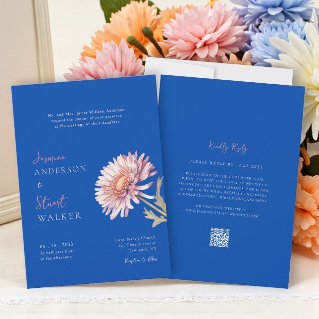Convites Código QR do site de casamento azul rosa moderno (Criador carregado)