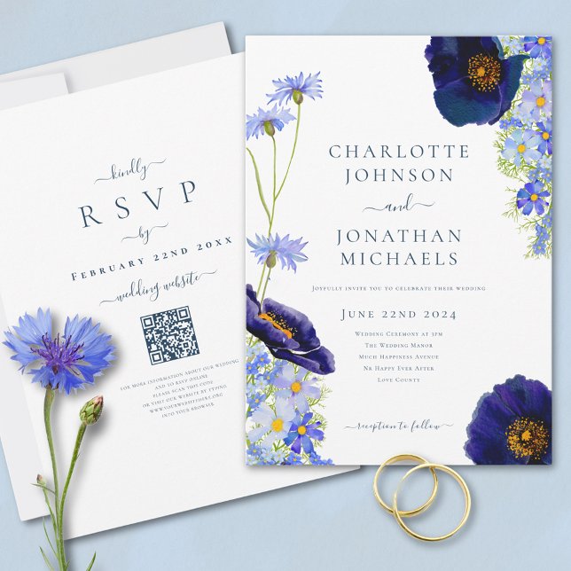 Convites Código QR do Site de Casamento Russo de Azul de Fl (Elegant wildflower watercolor summer floral blue wedding invitation with online rsvp QR code)