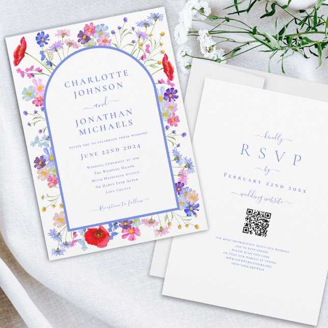 Convites Código QR do site do Arch Azul de Flor Selvagem Mo (Modern colorful wildflower blue arch wedding invitation with wedding website qr code)