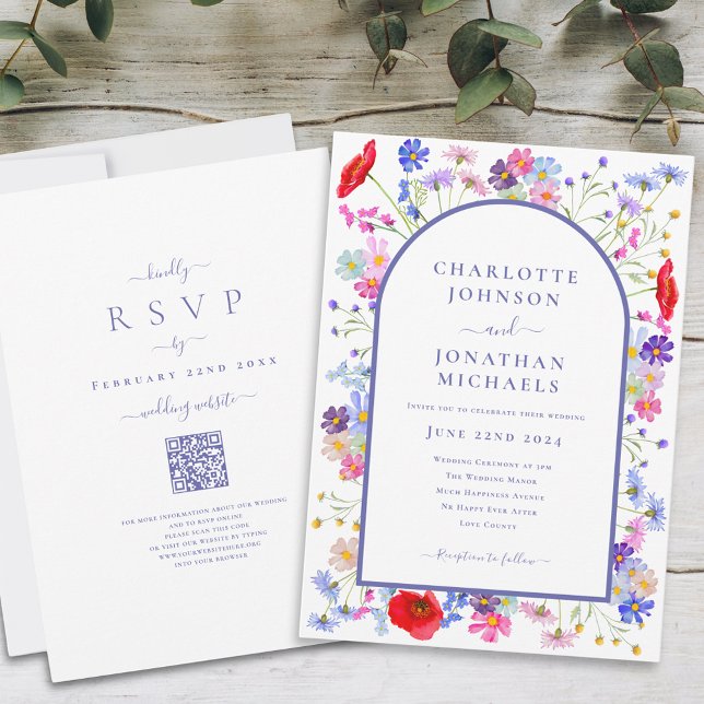 Convites Código QR do Site do Arco de Flores Silvestres Col (Colorful wildflower watercolor arch purple typography script wedding invitation with website qr code)