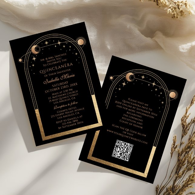 Convites Código QR Dourado Celestial Quinceañera (Criador carregado)