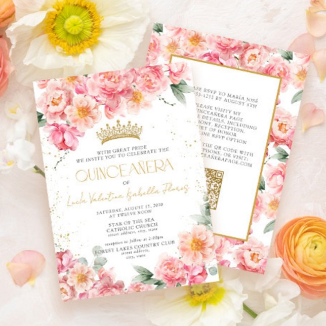 Convites Código QR Dourado Elegante Quinceañera Floral (Criador carregado)