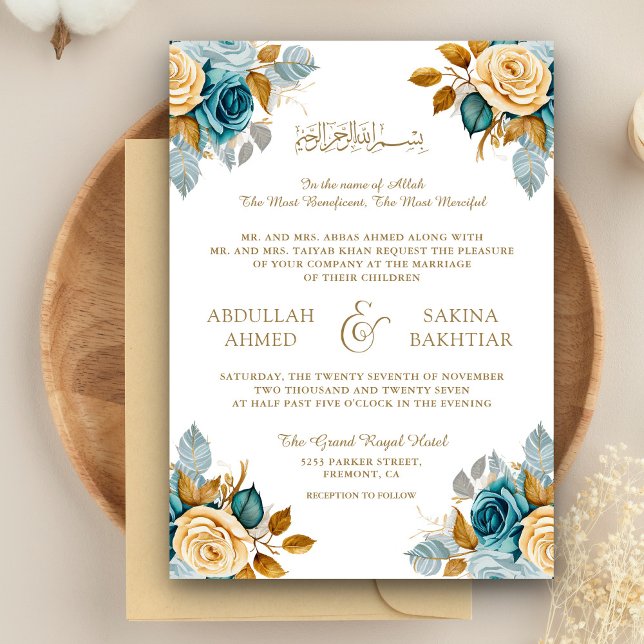 Convites Código QR Dourado Floral Creme Azul Casamento Muçu (Criador carregado)