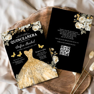 Convites Código QR Dourado Floral Princesa Quinceanera