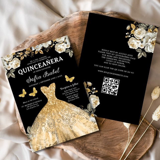 Convites Código QR Dourado Floral Princesa Quinceanera (Criador carregado)