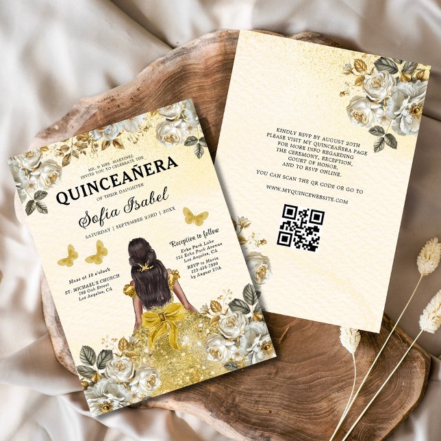 Convites Código QR Dourado Floral Princesa Quinceanera (Criador carregado)