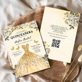 Convites Código QR Dourado Floral Princesa Quinceanera