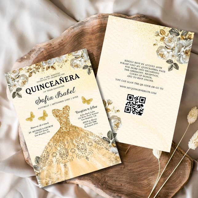 Convites Código QR Dourado Floral Princesa Quinceanera (Criador carregado)