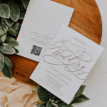 Convites Código QR Dourado Romântico Tudo Em Um Casamento<br><div class="desc">Este código de ouro romântico, tudo em um convite de casamento é perfeito para um casamento simples. O clássico moderno design apresenta espirais de rico e turbilhões brancos com belíssima e elegante tipografia de folha de ouro de champanhe com letra falsa. Salve o papel, incluindo um código QR para seu...</div>