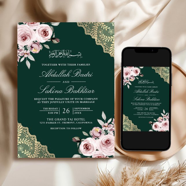 Convites Código QR Dourado Rosa Empoeirado Casamento Muçulm (Criador carregado)