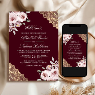 Convites Código QR Dourado Rosa Empoeirado Casamento Muçulm