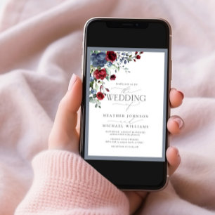 Convites Código QR Dusty Blue Borgonha Aquarela Floral