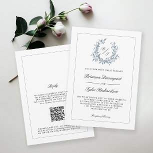 Convites Código QR Dusty Blue Crest Monograma Casamento