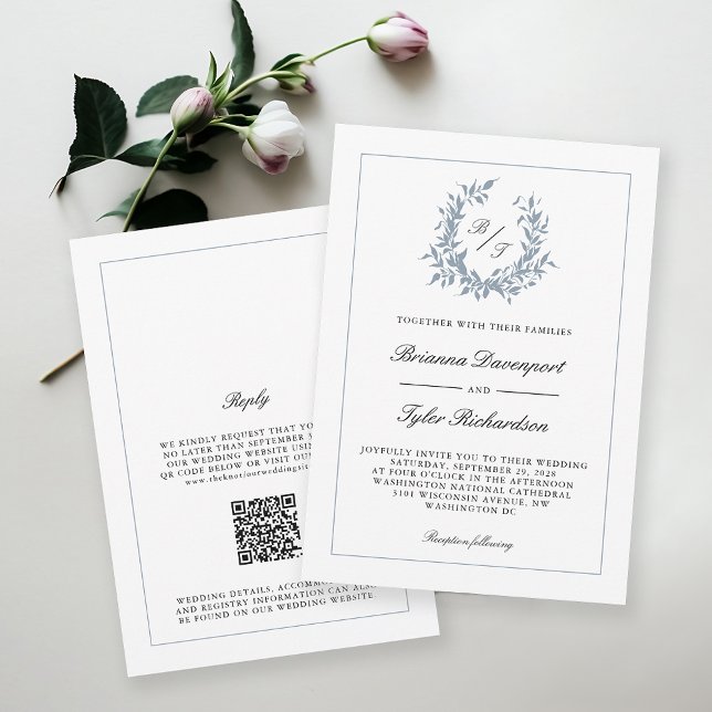 Convites Código QR Dusty Blue Crest Monograma Casamento (Available in both printed and paperless digital download format!)