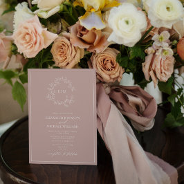 Convites Código QR Dusty Rosa Leafy Crest Monograma Casamen
