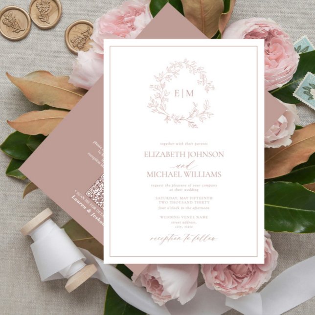 Convites Código QR Dusty Rosa Leafy Crest Monograma Casamen (Criador carregado)