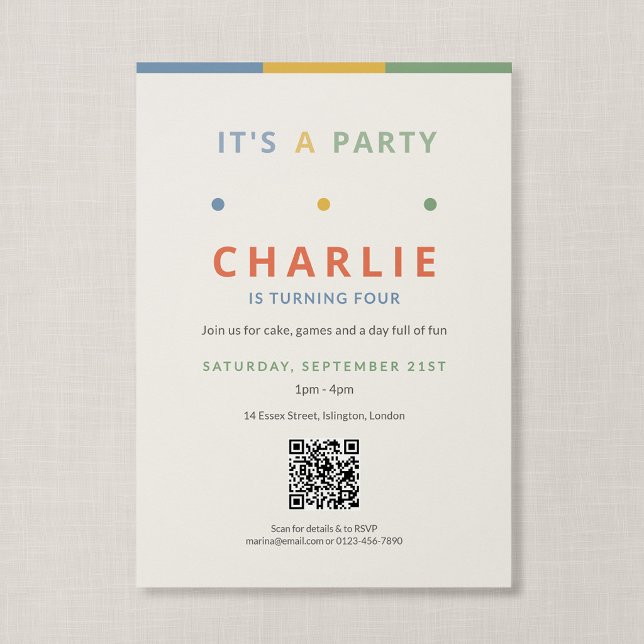 Convites Código QR É Uma Festa Aniversário Colorido Infanti (Color Pop - It's a Party QR Code Birthday Invitation)
