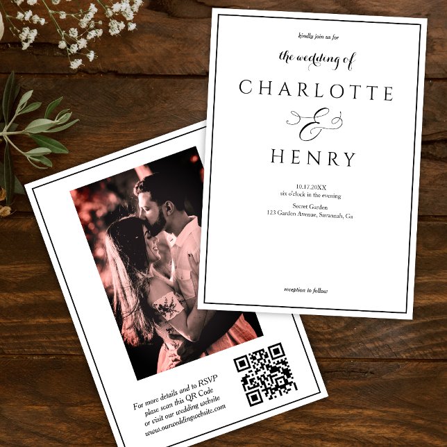 Convites Código QR Elegante de Foto e Casamento RSVP (Criador carregado)