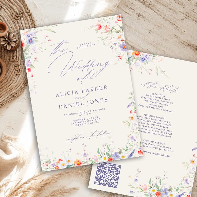 Convites código QR elegante flor de campo floral casamento (Criador carregado)