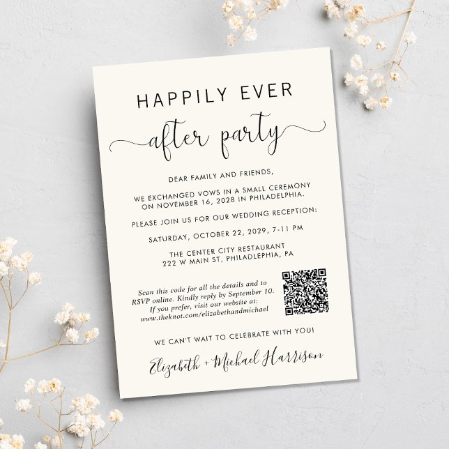 Convites Código QR Elegante Foto Creme Recepção de Casament (Input your wedding website address to create a scannable QR code)