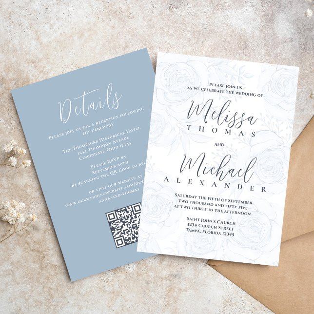 Convites Código QR Elegante RSVP Online Dusty Blue Floral (Elegant wedding invitations with blue floral pattern and taupe with QR Code)