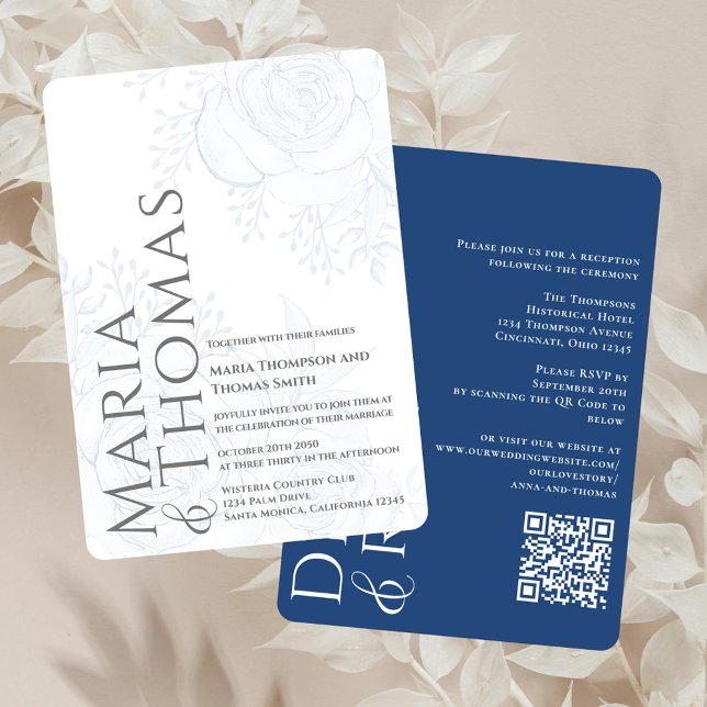 Convites Código QR Elegante RSVP Online Dusty Blue Floral (Elegant blue floral wedding invitation with a modern typography and QR Code. )