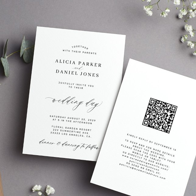 Convites CÓDIGO QR elegante simples casamento preto e branc (Criador carregado)