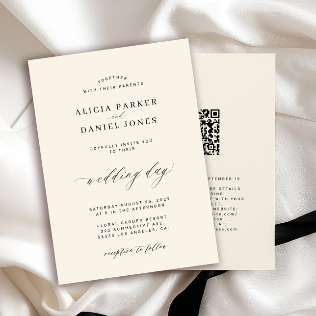 Convites CÓDIGO QR elegante simples casamento preto e marfi (Criador carregado)