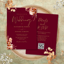 Código QR em Borgonha e Dourado para Casamento de 
