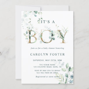 Convites Código QR - Eucalyptus - Letra Dourada Chá de fral