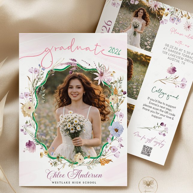 Convites Código QR Festa de Formatura Flor Silvestre   Conv (graduation invitation, qr code invite, wildflower invitation, boho graduation, floral invite, gradua)
