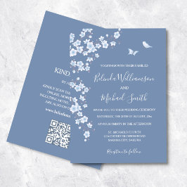Convites Código QR | Flor de Cereja Azul Posta | Casamento