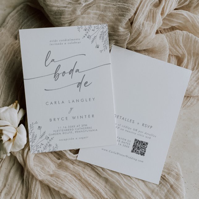 Convites Código QR Flor Silvestre Cinza Boho Casamento Espa (Criador carregado)