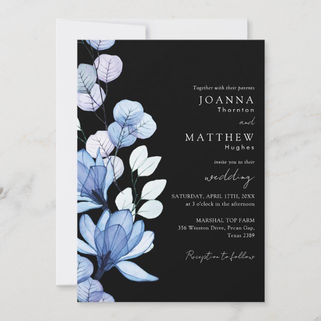 Convites Código QR Floral Azul Casamento Preto e Branco (Frente)