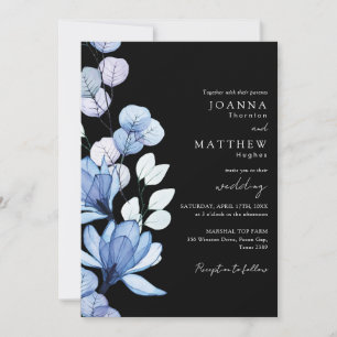 Convites Código QR Floral Azul Casamento Preto e Branco