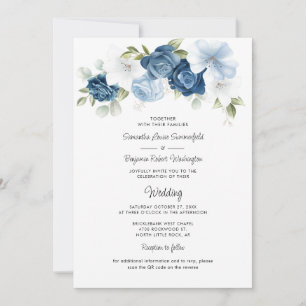 Convites Código QR Floral Azul Dusty Tudo em Um Casamento