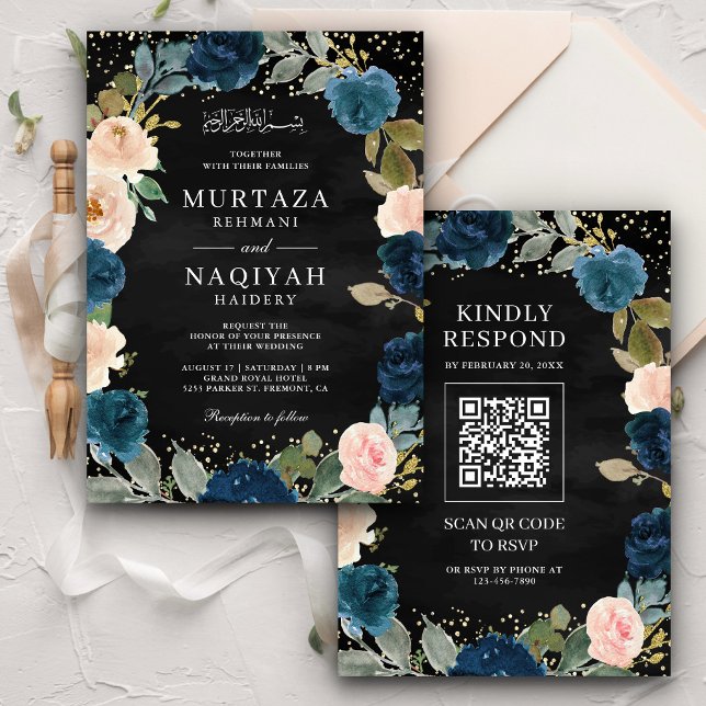 Convites Código QR Floral Bege Marinho Casamento Muçulmano  (Criador carregado)