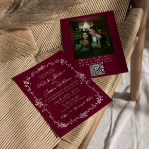 Convites Código QR Floral Borgonha Casamento de Foto Antiga