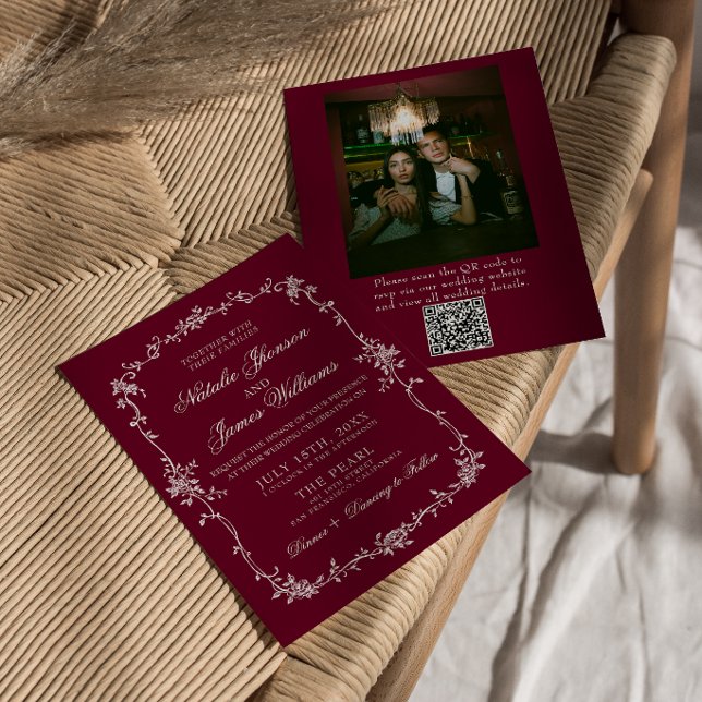 Convites Código QR Floral Borgonha Casamento de Foto Antiga (Criador carregado)
