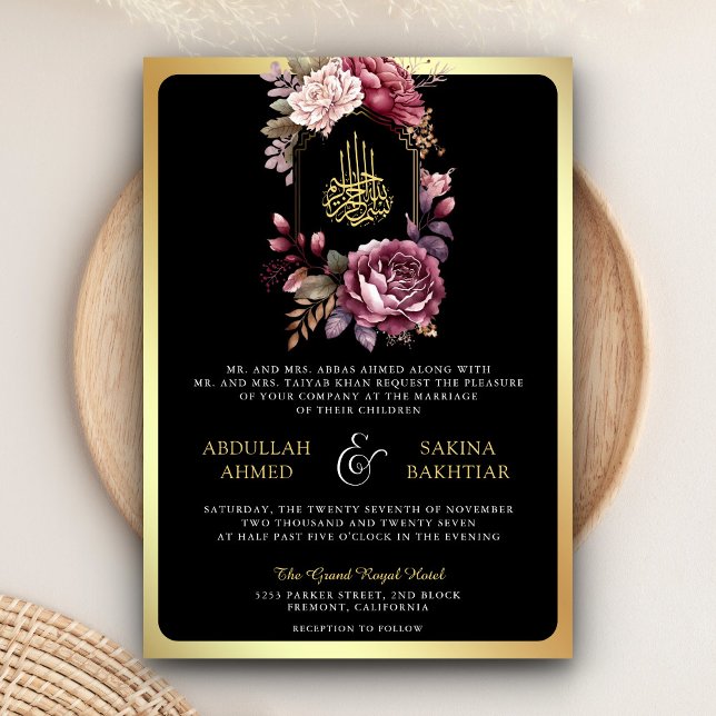 Convites Código QR Floral Borgonha Casamento Muçulmano Pret (Criador carregado)