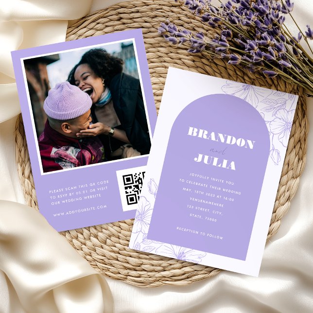 Convites Código QR Floral Botânico Arco Boho Lilás Lavanda (Criador carregado)