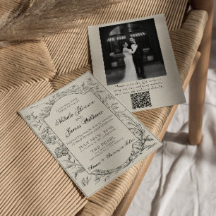 Convites Código QR Floral Botânico Creme Preto Foto Casamen