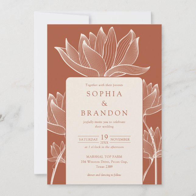 Convites Código QR Floral Botânico Terracota Casamento (Frente)
