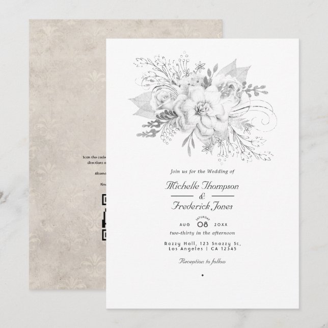 Convites Código QR Floral de Casamento Branco RSVP (Frente/Verso)
